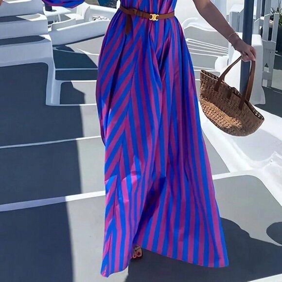Women's Striped Print Sexy One Shoulder Vacation Style Maxi Dress - Picture 4 of 4